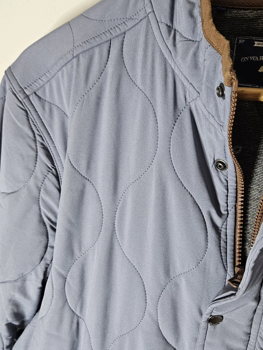 Onward Reserve Candler Quilted Coat Permaloft Blue Gray Zipper Snap Men's S